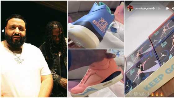“You can never get these”: Burna Boy brags in video as DJ Khaled sends him 4 boxes of customised sneakers