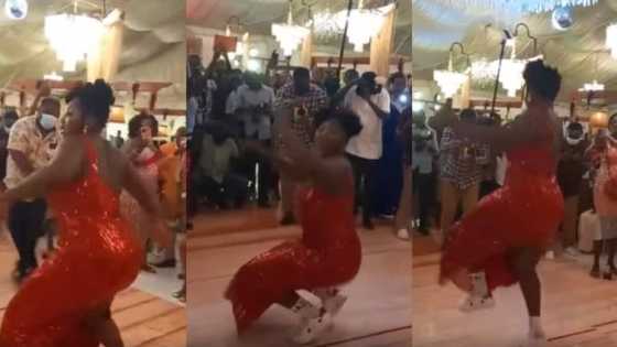 Lady in long one-armed dress steals show at wedding with sweet legs & hands dance moves, wows people in video
