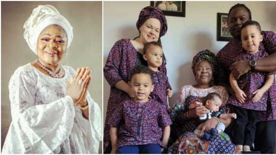 Waka queen Salawa Abeni showers praises on son’s oyinbo wife on her birthday, shares adorable family photo