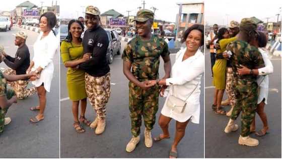 2 Nigerian soldiers propose to their girlfriends on the road, many react to what the ladies did