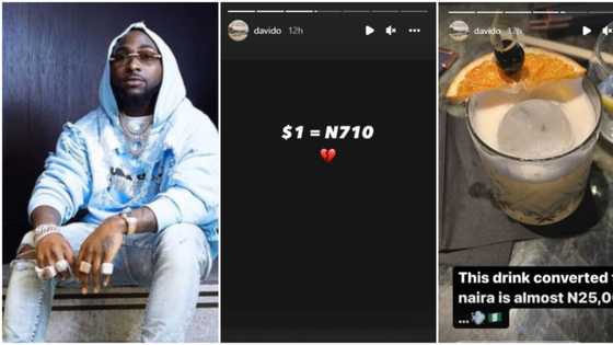 Davido laments as naira crashes to N710 per dollar, says his glass of drink in naira is 25,000, fans react