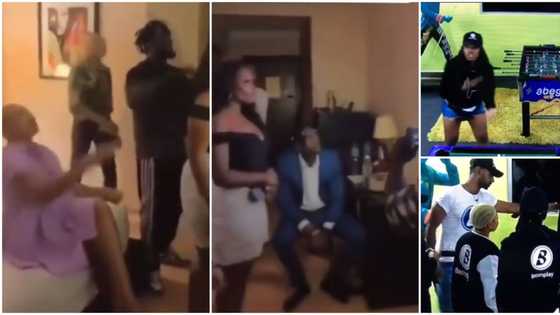 Evicted BBNaija housemates Beatrice, Sammie and JMK cheer Angel on as they watch her clash with Boma