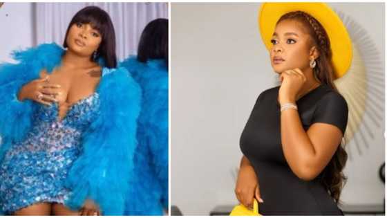 "Waist by God": Actress Bimbo Ademoye's sequin blue dress leaves fans in awe