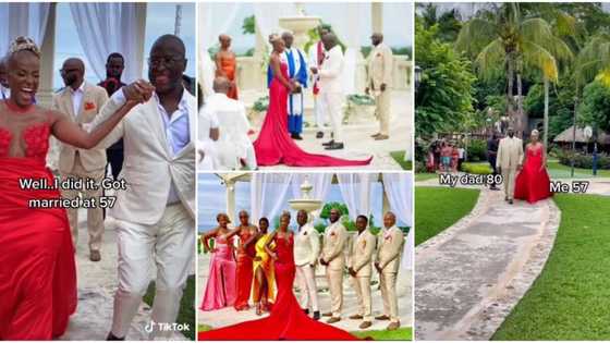 Gorgeous lady causes stir as she gets married at age 57 in red wedding dress, video stuns netizens