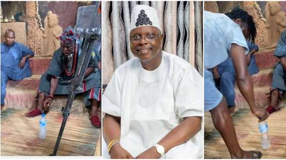 Actor Dele Odule chants incantations as he participates in bottle flip challenge, video stirs funny reactions