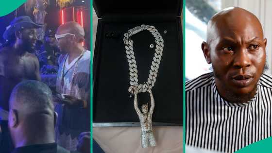 Burna Boy gifts Seun Kuti his diamond iced neckpiece with Fela pendant after they finally met