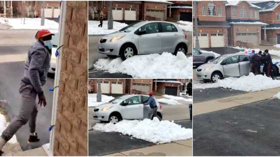 Drama as thief gets stuck in snow after attempted robbery, husband offers to help him escape as wife calls police (video)