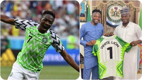 Ahmed Musa spotted presenting Super Eagles jersey to top Nigerian Governor (photos)