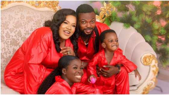 Toyin Abraham, hubby, son and stepdaughter rock matching pyjamas in heart-melting Christmas Day photo