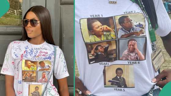 Lady signs out of school wearing unique white shirt with Aki and Pawpaw's images