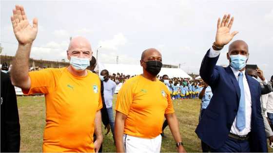 School children sing in excitement as they get surprise visit from Chelsea legend and FIFA president