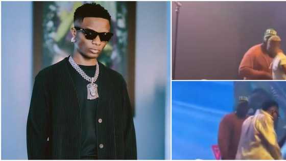 Wizkid stops bouncer from chasing die-hard fan from the stage, singer dances with him energetically in video
