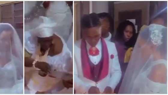 Nigerians react to trending video of couple who wedded inside shrine of bride's mother in Delta