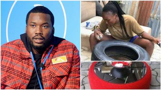 Joy as American rapper Meek Mill supports Nigerian entrepreneur Favour who converts tyres to beautiful tables (photo)