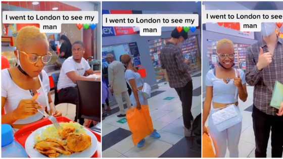 Young Nigerian lady flaunts her tall Oyinbo man as she flies to London to see him, people react to their video