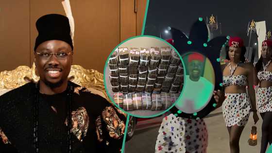 Obi Cubana’s 50th birthday: Man shows up with maidens in red and white cloth to spray boxes of naira