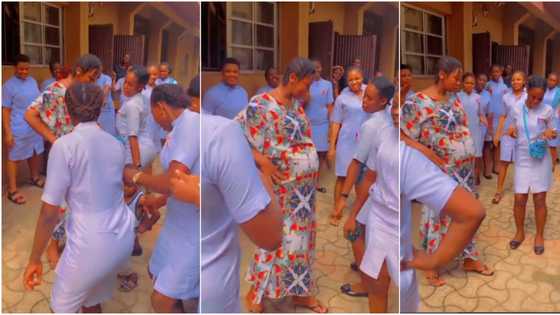 "Na this hospital I dey find since": Video shows over 15 nurses dancing with pregnant lady outside
