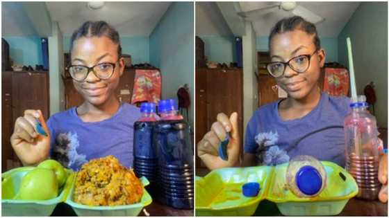 Nigerian lady finishes big mountain of food, combines it with 2 apples & zobo, her photos go viral