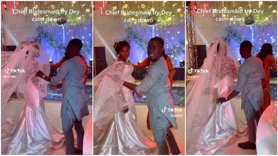 Bridesmaid pulls off bride's veil during wedding, lady in white gown becomes angry, video causes stir