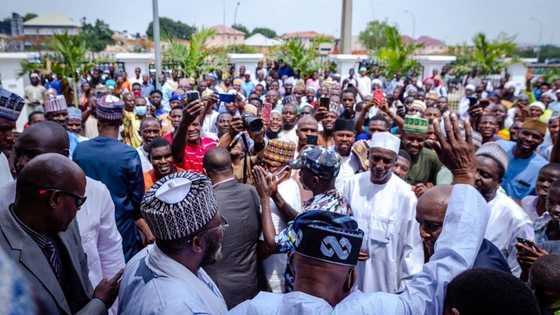 Mammoth crowd throngs Tinubu as he observes Jummat, takes presidential ambition to Abuja mosque