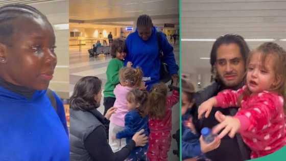"Even the father is crying": Oyinbo kids and their dad shed tears at airport as their nanny Rosie leaves