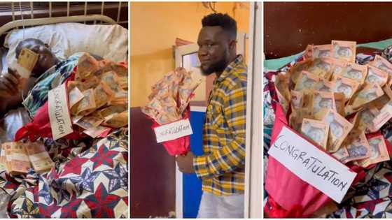 "What is this?" Nigerian man storms hospital with bouquet of N5 notes, presents it to new mum in viral video