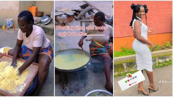 "Na this kind babe I dey look for": Slay queen helps her parents to fry garri, TikTok video goes viral