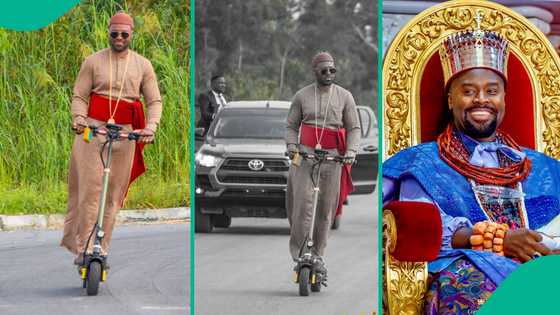 Olu of Warri inspects newly constructed road on scooter, Gilmore, others react: "New age king"