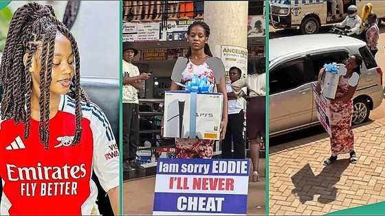 Lady publicly begs man for forgiveness with placard and PS5 after cheating in funny video