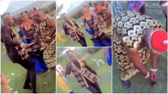 Father competes with son on child's wedding day with dance moves, bride steps back to watch them in video