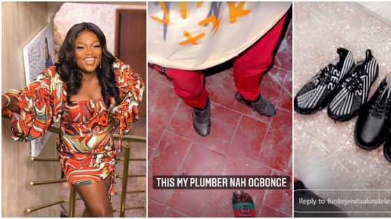 Funke Akindele replaces hardworking plumber’s old shoes, gifts him two new pairs in viral video, fans react