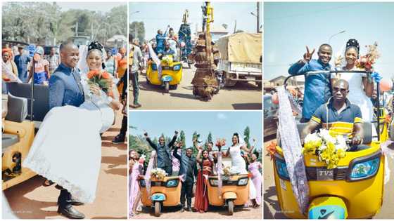 Lovely pictures as Nigerian groom and bride arrive at their wedding reception in 2 Keke Napeps, cause a stir