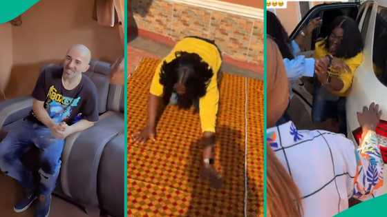 Lady returns to Nigeria with White man after 9 years overseas, family lays wrapper on floor for them