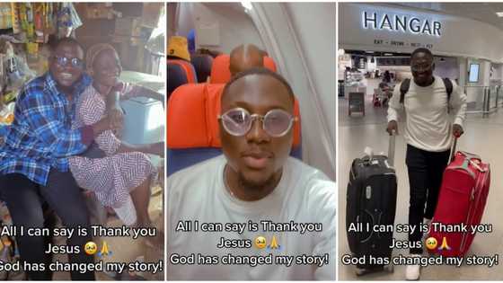 "God has changed my story": Nigerian man raised by mum from small container shop flies abroad, shares video