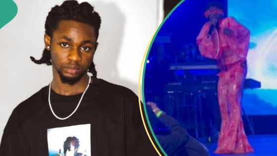"Make una check on am": Reactions as Omah Lay catwalks in pink shiny outfit as he performs on stage