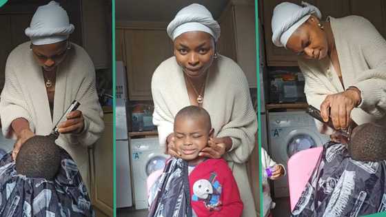 "N59,000 every 3 weeks": Wise Nigerian woman in UK turns barber at home, shaves her son's hair