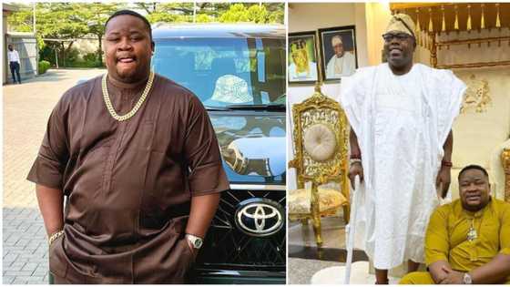 "Dem don already hang Tinubu photo": President-elect's pic frame spotted as Cubana Chiefprest visits Oba Oniru