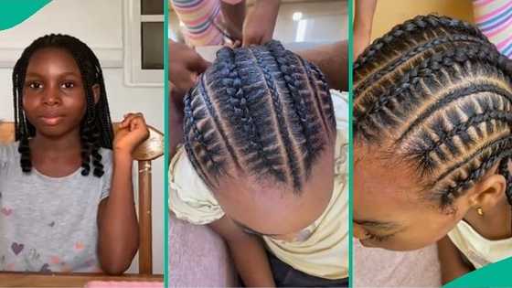 10-year-old Nigerian girl neatly braids her younger sister's hair like pro, video wows everyone