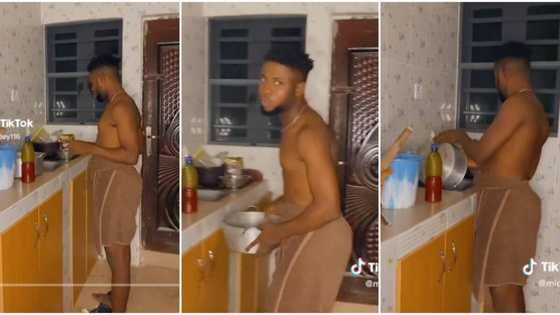 "Continue nah": Nigerian lady mocks her confused boyfriend as he cooks rubbish in the kitchen in viral video