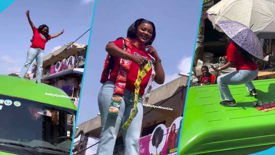 Nana Ama McBrown climbs on top of a bus to film a commercial, video frightens fans