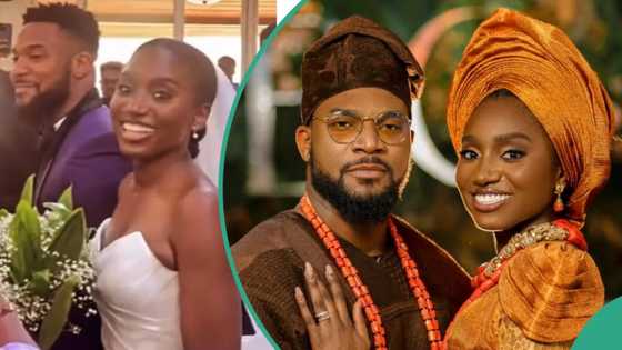 Kunle Remi and wife exchange rings at their white wedding, 'best man' Bimbo Ademoye rocks suit