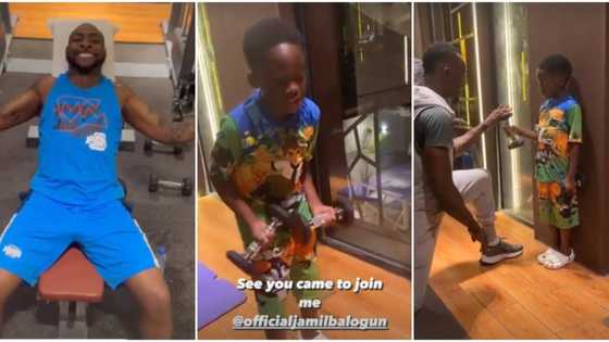 I’m stronger than your daddy, Davido tells Tiwa Savage’s son Jamil as they spend time in the gym together