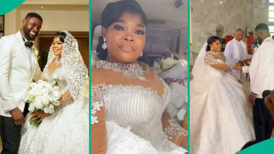 Ruby Ojiakor advises prospective brides at her white wedding ceremony, shares adorable videos, pics