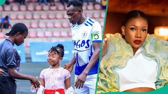 Tacha's daughter makes pose at Lagos Liga with footballers: "Looking Stunning"