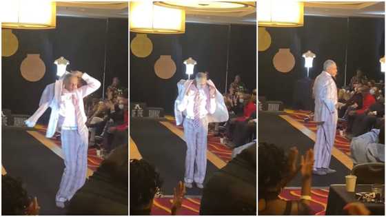 Grandpa shows stuff he's made of, goes on runway like model in video, people scream as he spins