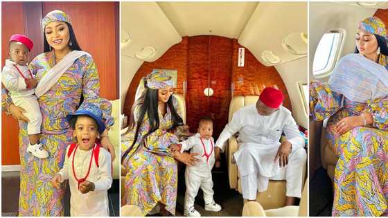 “True definition of oga wife”: New photos of Regina Daniels in private jet with billionaire husband and kids