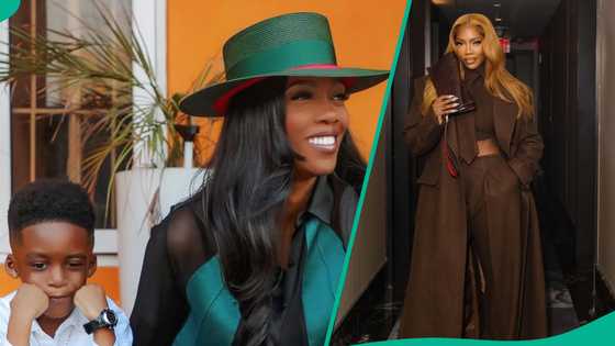 Tiwa Savage shares son's weird sleeping position, photo elicits reaction: "Avenger in lalaland"