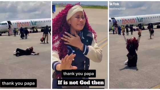Nigerian lady rolls on the ground in excitement, burst into tears of joy after boarding an aeroplane, video trends