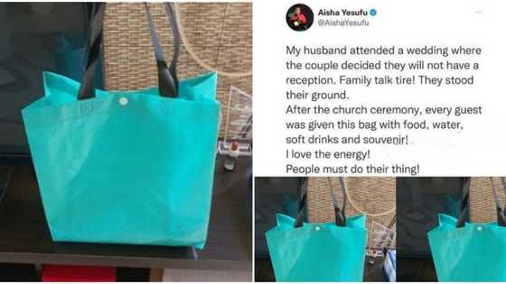 'Stubborn' Nigerian couple refuse family's pleas to do a reception, give guests bags of food at church wedding