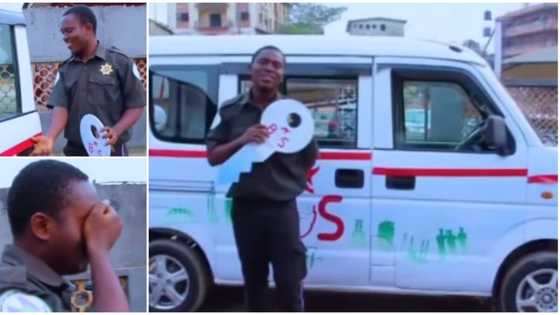 Reactions as security guard acts like a baby after being gifted a new bus in Lagos, video sparks reactions